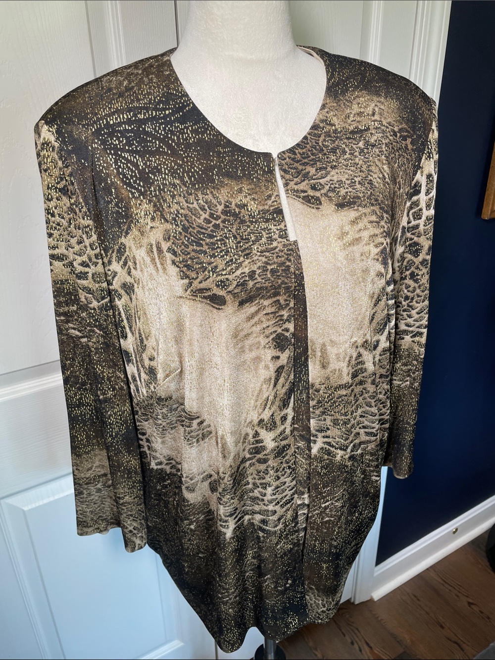 Alex Evenings Metallic Black Gold Brown Beige Open Front Blouse & Matching Tank